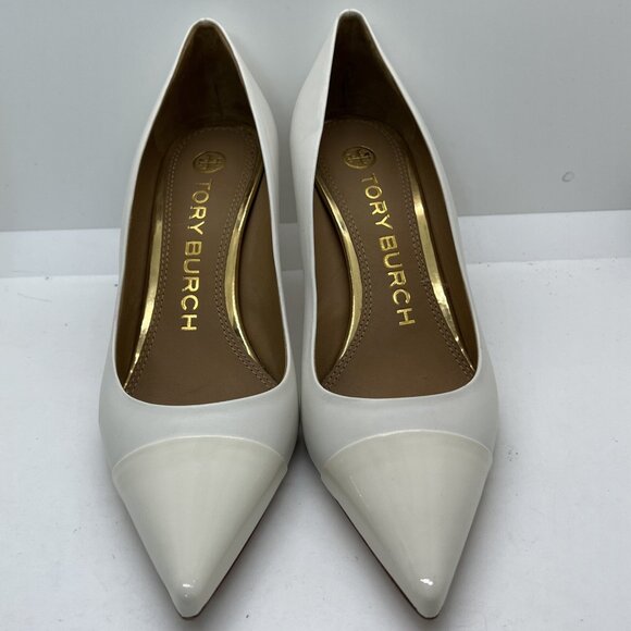 Tory Burch PENELOPE CAP TOE Pumps Leather Patent Ivory Heels - Picture 2 of 12